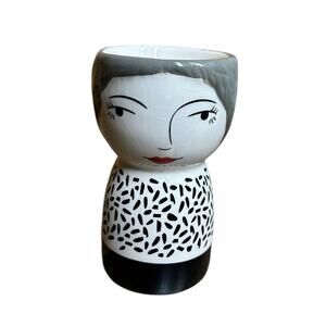 Face Planter Vase Flower Pot Lady Closed Eyes Red Lips 6" Ceramic